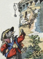 Illustration des Märchens „Der schreckliche Raminagrobis und die Mäuse“ nach einer Fabel von Jean de La Fontaine. In „Märchen aus dem Heim für die Kleinen“. Anonyme Gravur aus dem 19. Jahrhundert