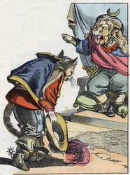 Illustration des Märchens „Der schreckliche Raminagrobis und die Mäuse“, Charakter aus Fabeln von Jean de la Fontaine. In „Tales from the home for the little ones“. Anonyme Gravur des 19. Jahrhunderts