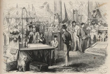 Kaiserlicher Prinz Eugene Louis Joseph (1856-1879) beim Fest von Fontainebleau. Er versucht, eine Puppe mit Hilfe eines an einer Schnur hängenden Balls zu treffen. Gravur in „The Universe illustrious“