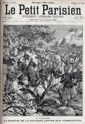 In den französischen Kolonien: der Marsch der Kolonne von General Joseph Joffre (1852-1931) und seiner Armee von Spahis auf Timbuktu (Mali). Gravur in „Le Parisien“