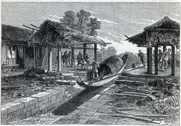 Schrägaufzug für Boote in Ning-Po (oder Ning Po in China). Gravur in „La Nature“