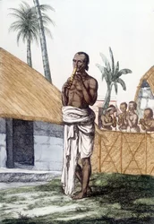 Indische Kultur und Zivilisation: Musiker, der die Bansuri-Flöte spielt, traditionelles Musikinstrument, Indien. Gravur 1808.