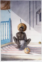 Indische Kultur, Zivilisation und Gesellschaft: Musiker mit traditionellem indischen Saiteninstrument. Gravur von 1808.