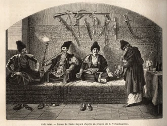 In einem tatarischen Café in Schoucha (Transkaukasien, Russland), wo Männer sich treffen, um Tee zu trinken und Shisha zu rauchen. Gravur zur Illustration der Reise in die Provinzen des Kaukasus, von Basile Vereschaguine, 1864-1865, veröffentlicht in „Le T