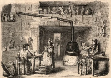 Im Inneren des Kabaretts Le Lapin Blanc (Weißes Kaninchen), Rue aux Fèves in Paris vor seinem Abriss. Eine Taverne aus der Zeit der Monarchie. Gravur in „Le Monde illustrious“ von 1862. Privatsammlung.