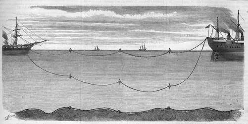 Installation des transatlantischen Elektrokabels zur Verbindung Europas mit Amerika im Jahr 1865. Bojensystem zur Vermeidung des Kabelbruchs während der Installation. Das für die Operation zuständige Schiff war die Great Eastern. Gravur von 1865