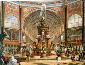 Innenansicht des Kristallpalastes während der Internationalen Ausstellung von 1862. Majolika-Brunnen von Minton. Chromolithographie
