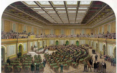 Innenansicht des Repräsentantenhauses des US-Kapitols zeigt den Kongress in Sitzung und die Zuschauer in der Galerie - Gravur 1866