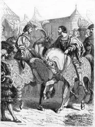 Interview von Franz I. und Heinrich VIII. Gravur des 19. Jahrhunderts.