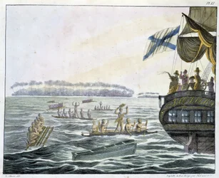 Interview mit den Bewohnern der Penrhyn-Inseln - aus „Views and Landscapes of the Equinox Regions, Collected in a journey around the world“, Anfang 19. Jahrhundert