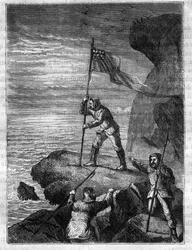 Isaac Israel Hayes (1832-1881), amerikanischer Arktisforscher, hisst während seiner Expedition zur Suche nach dem vermuteten offenen Polarmeer die Nationalflagge der USA an den Ufern des Arktischen Ozeans