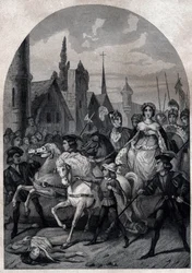 Isabella von Bayern (1371-1435) zieht 1389 in Paris ein - Einzug der Königin von Frankreich Isabeau (Isabelle, Elisabeth) von Bayern (1371-1435) in Paris - Gravur von 1842 in „Histoire des popes: crimes, murders, poisonings, parricides, adulteres, incest..