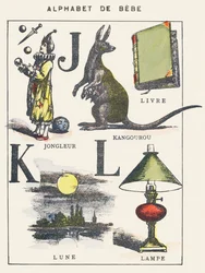 J K L: Jongleur, Känguru, Buch, Mond, Lampe