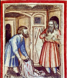 Jakob erfährt vom Tod seines Sohnes Joseph, der von seinen Brüdern an die Ägypter verkauft wurde. Miniatur aus Codex 212 (oder Padovano Codice oder Bibel von Padua) 1390-1400