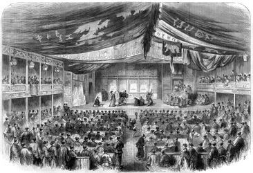 Japanisches Theater: dramatische Darstellung in Osaka. Gravur in „Das Illustrierte Universum“