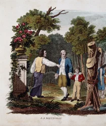 Jean Jacques Rousseau mit einem Kind, von einem Bauern angesprochen