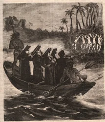 Jesuitenmissionare kommen 1553 mit dem Boot zu den Guarani-Indianern in Paraguay - Gravur von 1879 in „Geschichte der geheimen, politischen und religiösen Gesellschaften“ von Pierre Zaccone (1817-1895).