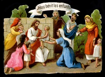 Jesus Christus segnet Kinder. Chromolithographie des 19. Jahrhunderts