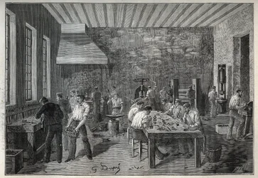 Schmuck: Stahl-Schmuckfabrik. Gravur von 1885 in „Les arts et métiers illustrés“ von Adolphe Bitard.