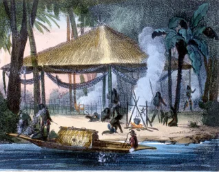 Jivaros-Indianer in Ecuador. Gravur 1846-48.