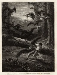 Job (Reisebegleiter des Redakteurs), von Geiern angegriffen. Gravur zur Illustration der Geschichte „Quatre mois en Florida“, von M. Pousselgue, 1851-1852, veröffentlicht in „Le tour du monde“, unter der Leitung von Edouard Charton, Hachette, Paris 1869