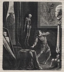 Jean Châtel (Chastel) (1575-1594), von den Jesuiten in der Meditationskammer eingesperrt, vor seinem Attentat auf König Heinrich IV. von Frankreich am 27. Dezember 1594. Stich von 1879 in „Histoire des sociétés secrètes, politiques et religieuses“