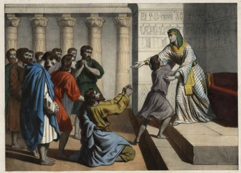 Joseph der Patriarch, zum Wesir von Ägypten ernannt, wird von seinen Brüdern erkannt, die ihn für tot hielten und um Vergebung bitten. Anonyme Gravur des 19. Jahrhunderts