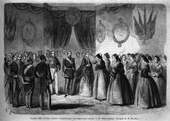 Reise von Kaiser Napoleon III. (1808-1873) und seiner Frau Eugenie de Montijo (1826-1920) ins Herzogtum Savoyen nach der Annexion der Grafschaft Savoyen (März Turiner Vertrag): hier besucht das kaiserliche Paar Arles und trifft junge Mädchen aus der Region