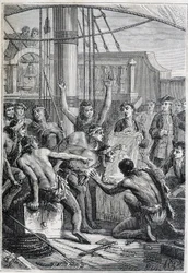 Reise von Samuel Wallis (1728-1795) nach Polynesien: Eingeborene erstaunt über einen Spiegel - Illustration aus „Die großen Seefahrer des 18. Jahrhunderts“