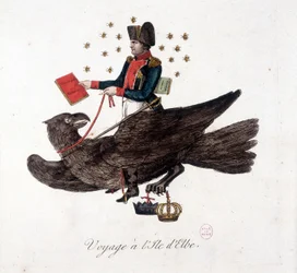 Reise zur Insel Elba: Napoleon reitet auf einem Adler und hält die Bücher der Militärdienstpflicht und Massenhebung von Soldaten - in „Napoleon I., Karikaturen, Dummysammlung“, ca. 1814