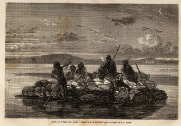 Kelek auf dem Tigris, ein traditionelles Handelsfloß: Ein Holzboden wird von einer Schicht luftgefüllter Häute getragen, um Waren und Passagiere zu befördern. Das Boot folgt dem Wasserlauf; am Ziel angekommen, wird das Floß zerlegt und das Holz