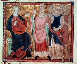 König Heinrich II. von England empfängt einen Bischof und Soldaten