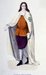 Ritter des Alcántaraordens, eines 1156 unter dem Namen Orden von San Julián del Pereiro gegründeten geistlichen Ritterordens, der nach dem Vorbild der Templer gegen die Mauren kämpfen sollte. Stich aus dem 19. Jahrhundert, Privatsammlung, Mailand.