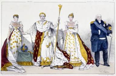 Das Kaiserreich und die Bourbonen: Josephine de Beauharnais (1763-1814) und Napoleon I. Bonaparte (1769-1821), Marie Josephine von Savoyen (1753-1810) und Ludwig XVIII. genannt Der Begehrte (1755-1824) - Tafel aus „Könige und Königinnen von Frankreich in S