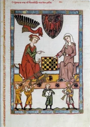 Das Schachspiel (Ein Paar spielt Schach, umgeben von Musikern) - Miniaturmalerei auf Pergament