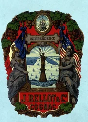 Etikett „Independence - J. Bellot & C°. Cognac“ (Freiheitsstatue). Chromolithographie, n.d.
