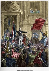 Lamartine (1790 - 1869), der die rote Fahne für die Trikolore ablehnt, im Rathaus. Paris, 26. Februar 1848. Bianchetti-Sammlung