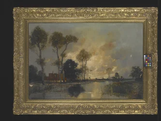 Landschaft mit Hütte und Bach