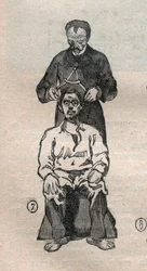 Die anthropometrische Justiz oder Bertillonage, Methode von Alphonse Bertillon (1853-1914): Messung des transversalen Schädeldurchmessers - Gravur in „La Science française“