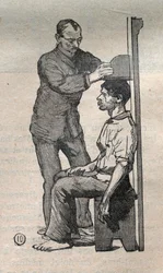 Die gerichtliche Anthropometrie oder Bertillonage, Methode von Alphonse Bertillon (1853-1914): Messung des Oberkörpers - Gravur in „La Science francaise“