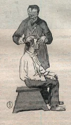 Die gerichtliche Anthropometrie oder Bertillonage, Methode von Alphonse Bertillon: Messung des Querdurchmessers des Schädels - Gravur in „La Science française“