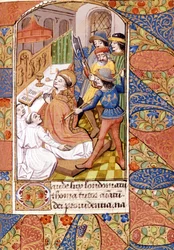 Die Ermordung von Saint Thomas Becket (1118 - 1170), Prälat und englischer Politiker. Miniatur des 14. Jahrhunderts. Victoria & Albert Library, London