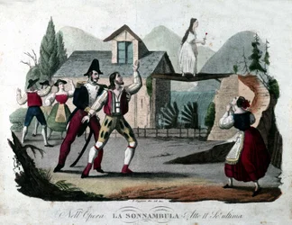 Letzte Szene des zweiten Akts von „La Sonnambula“ von Vincenzo Bellini. Gravur von 1835.