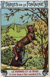 Der Fuchs und der Bock - Fabeln von Jean de La Fontaine (1621-95) - Chromolithografie Ende des 19. Jahrhunderts Private Sammlung