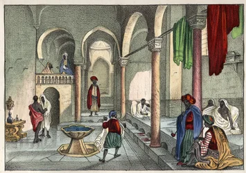 Das maurische Bad (öffentliches Bad) in Algier um 1830. In „Das alte und moderne Algerien“ von Léon Galibert. Italienische Ausgabe von 1846, farbig