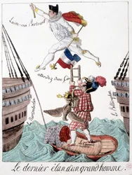 Der letzte Schwung eines großen Mannes: Karikatur von Napoleon und General Bertrand - in „Napoleon 1er, Karikaturen, Dummysammlung“, Paris