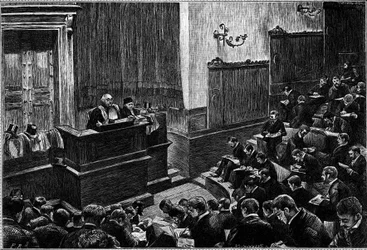 Das große Amphitheater der Rechtsfakultät von Paris, Gravur im Journal „La jeunesse“