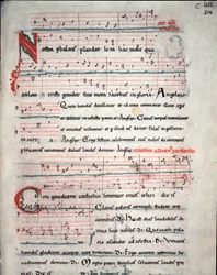 Blatt eines Pilgerführers mit Liedtexten zur Wallfahrt nach Santiago de Compostela (Santiago de Compostella), Fol. 214 r. Aus einer Handschrift des 13. Jahrhunderts. Archiv der Kathedrale von Santiago de Compostela (Santiago de Compostela), Spanien