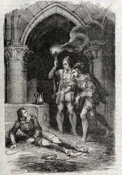 Leon (Leone) befreit Roger (Ruggero, Ruggiero) - Gravur von 1851 aus „Roland der Rasende“ (Orlando furioso) (16. Jahrhundert) von Ludovico Ariosto, bekannt als der Ariosta - Ausgabe, übersetzt aus dem Italienischen von Graf von Tressan und veröffentlicht v