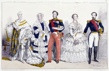 Die Bourbonen und das Empire: Karl X. (1757-1836), Marie Amelie de Bourbon Sizilien (1782-1866) und Louis Philippe I. (1773-1850), Eugenie de Montijo (1826-1920) Napoleon III. (1808-1873) - Platte aus Könige und Königinnen von Frankreich in Drucken, Paris,